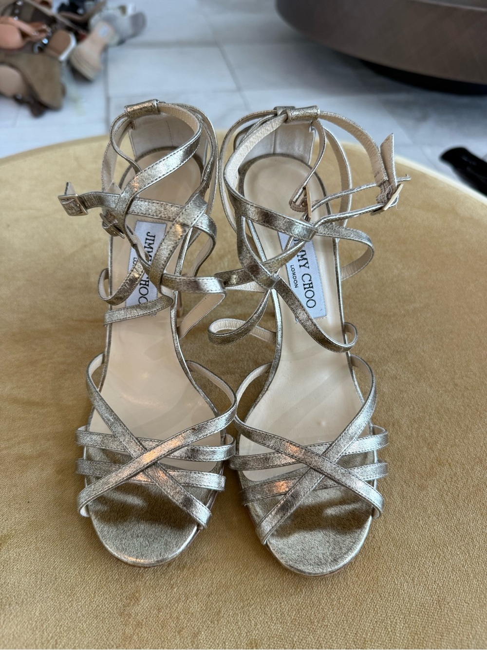 Jimmy Choo Metallic Gold Strappy High Heels